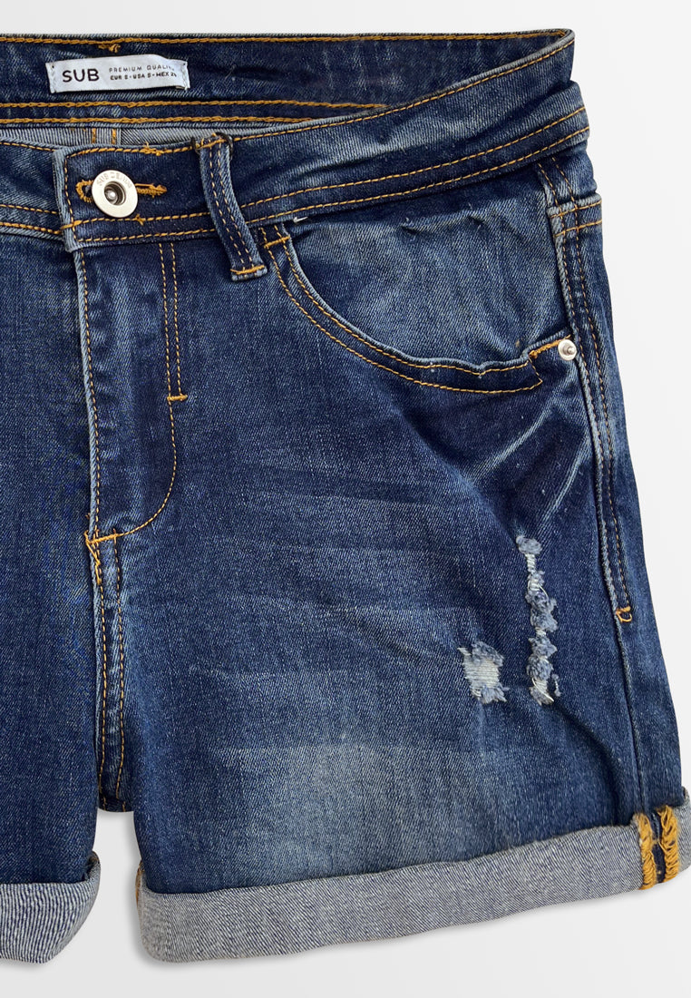 Women Ripped Short Jeans - Dark Blue - F2W378