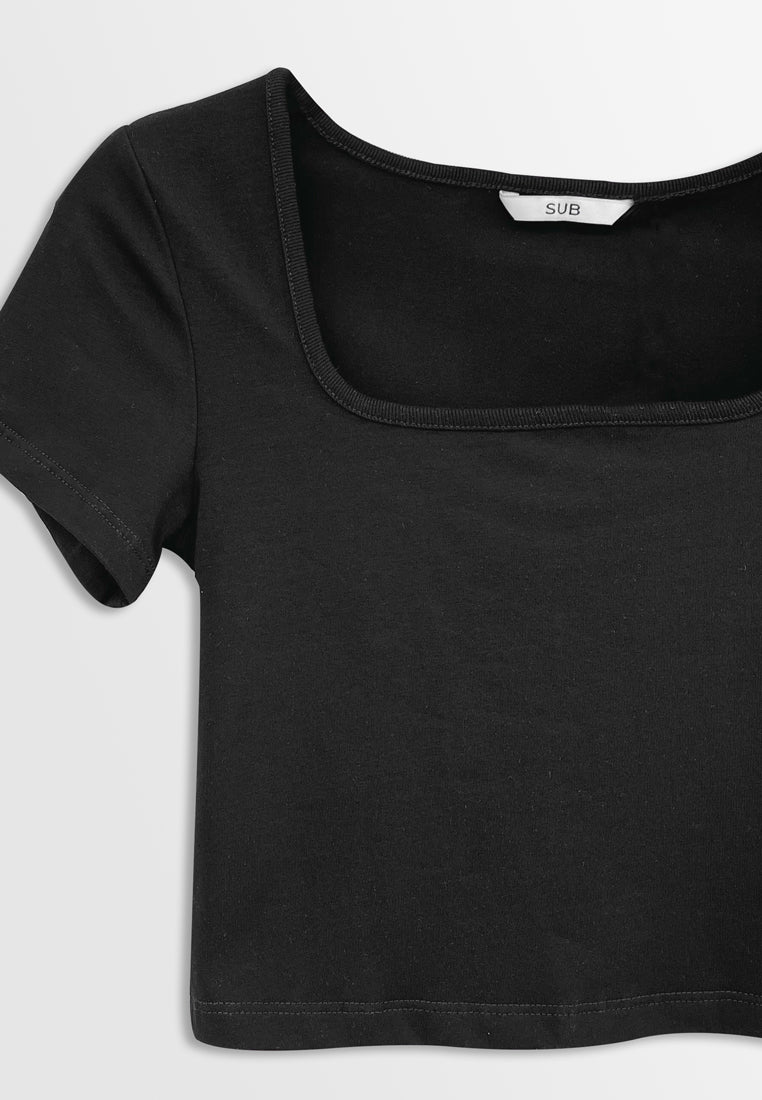 Women Short-Sleeve Crop Top Tee - Black - H2W465