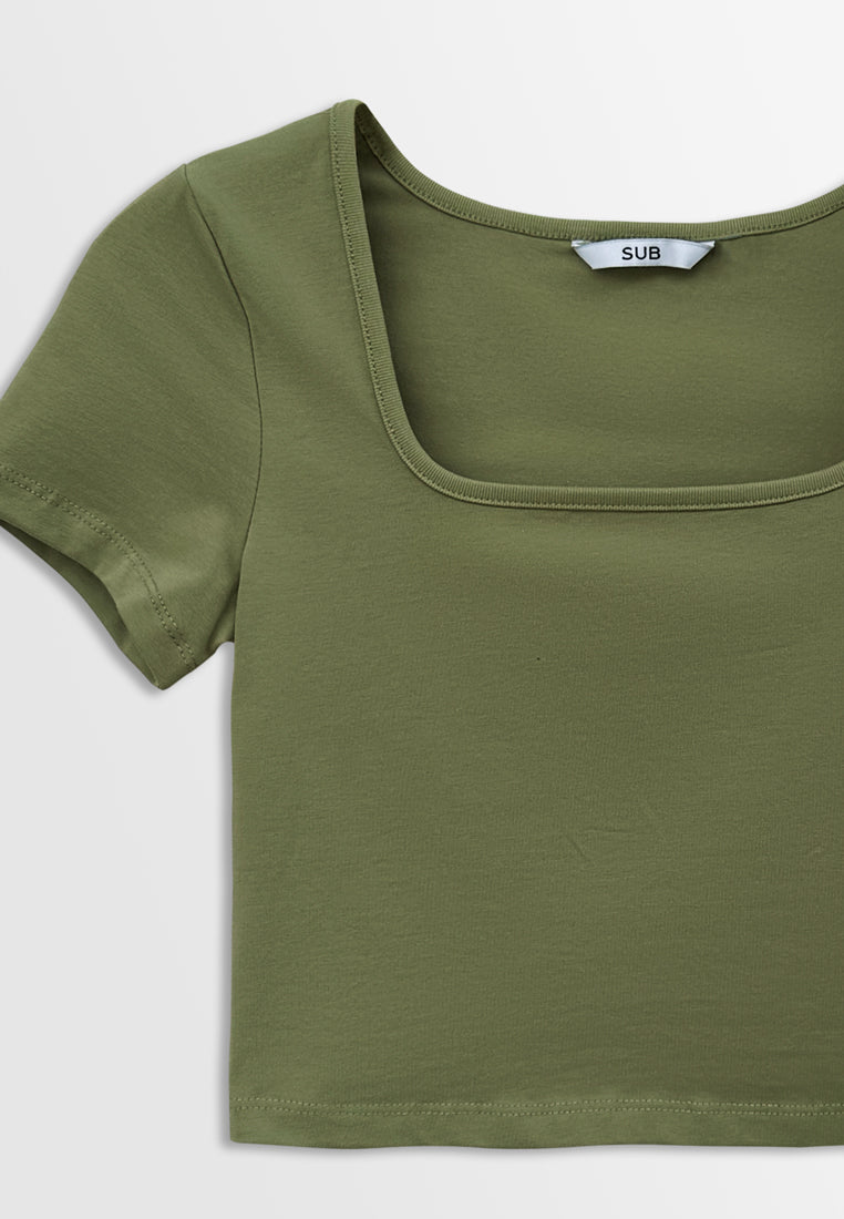 Women Short-Sleeve Crop Top Tee - Green - H2W467
