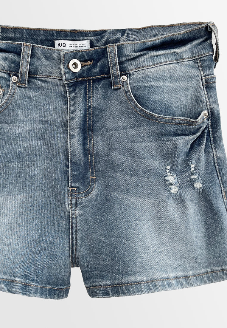 Women Ripped Short Jeans - Light Blue - H2W435