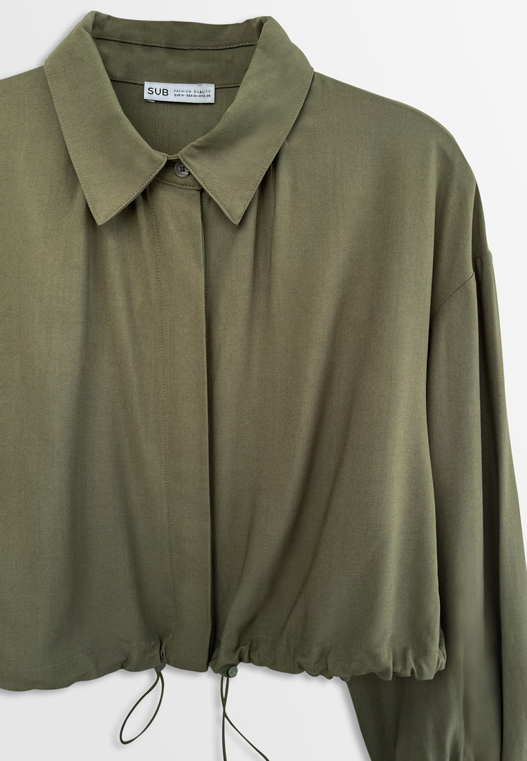 Women Long Sleeve Woven Blouse - Army Green - H2W461