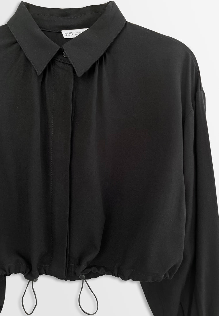 Women Long Sleeve Woven Blouse - Black - H2W459