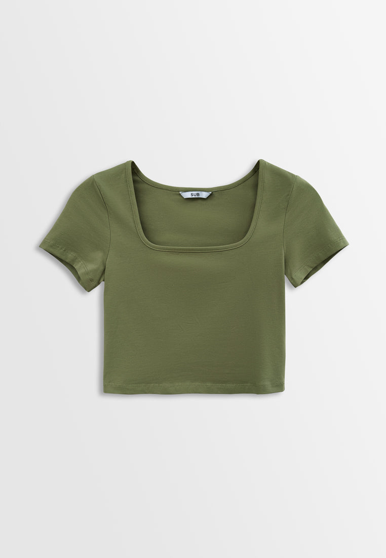 Women Short-Sleeve Crop Top Tee - Green - H2W467