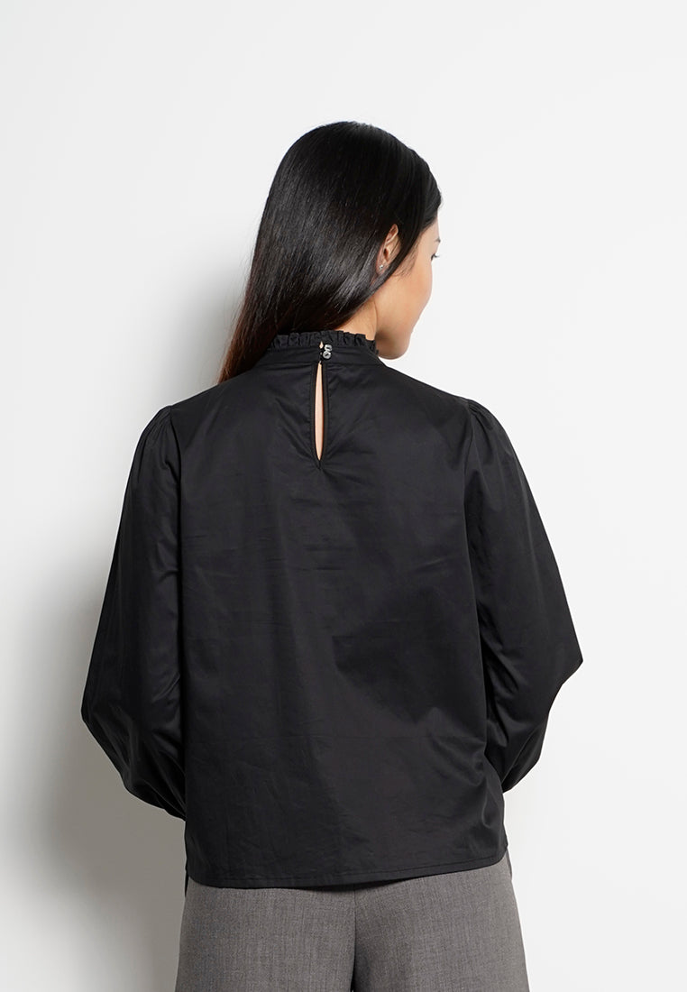 Women Striped Frill Neck Long-Sleeve Blouse - Black - H0W746