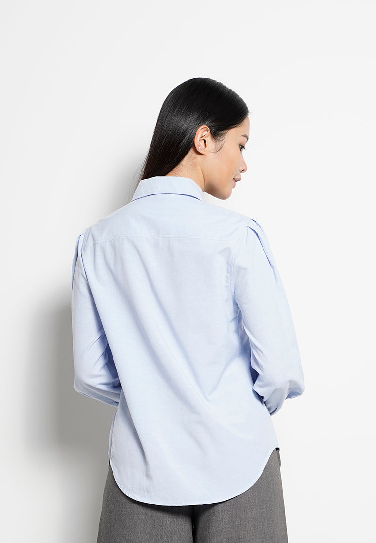 Women Pleated Long-Sleeve Shirt - Blue - H0W749