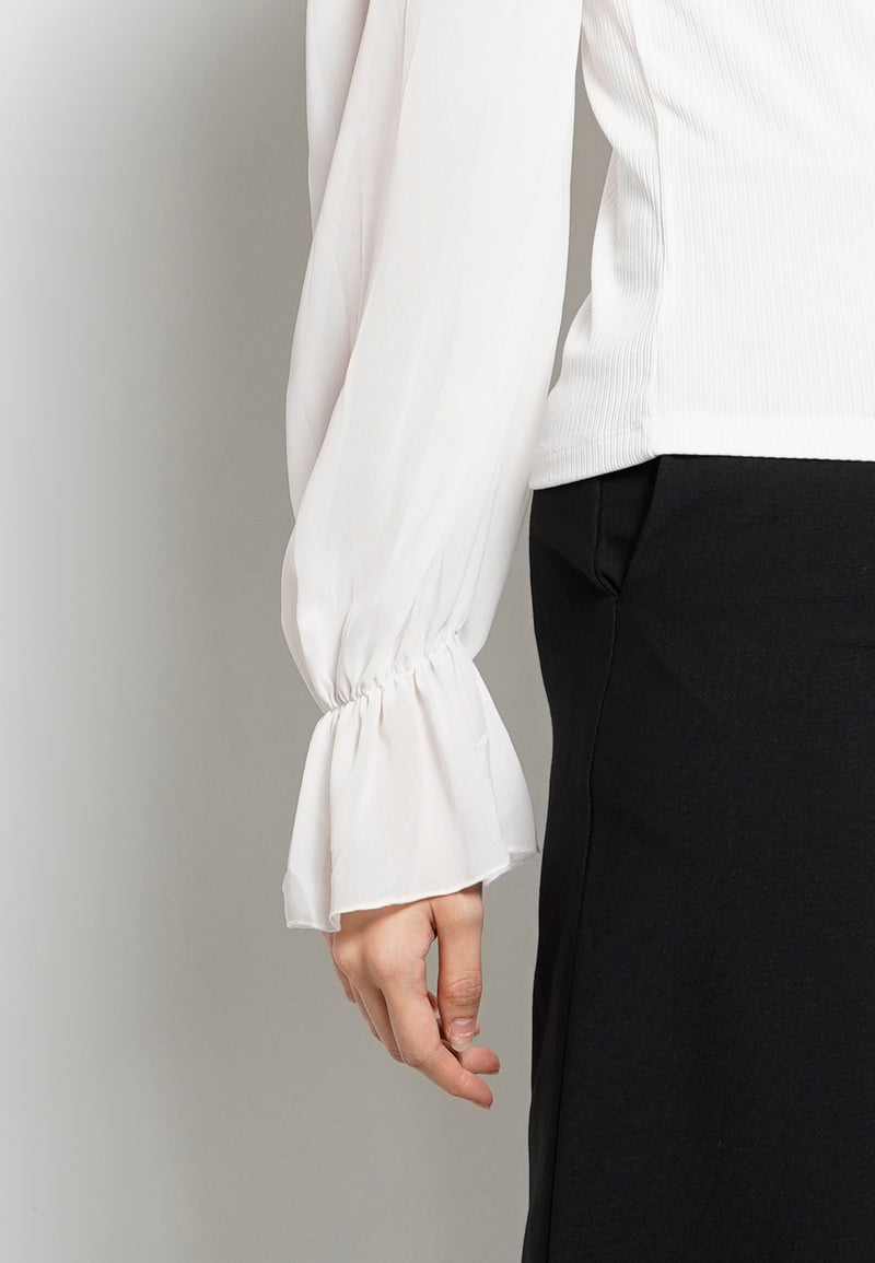 Women High Neck Long-Sleeve Blouse - White - H0W748