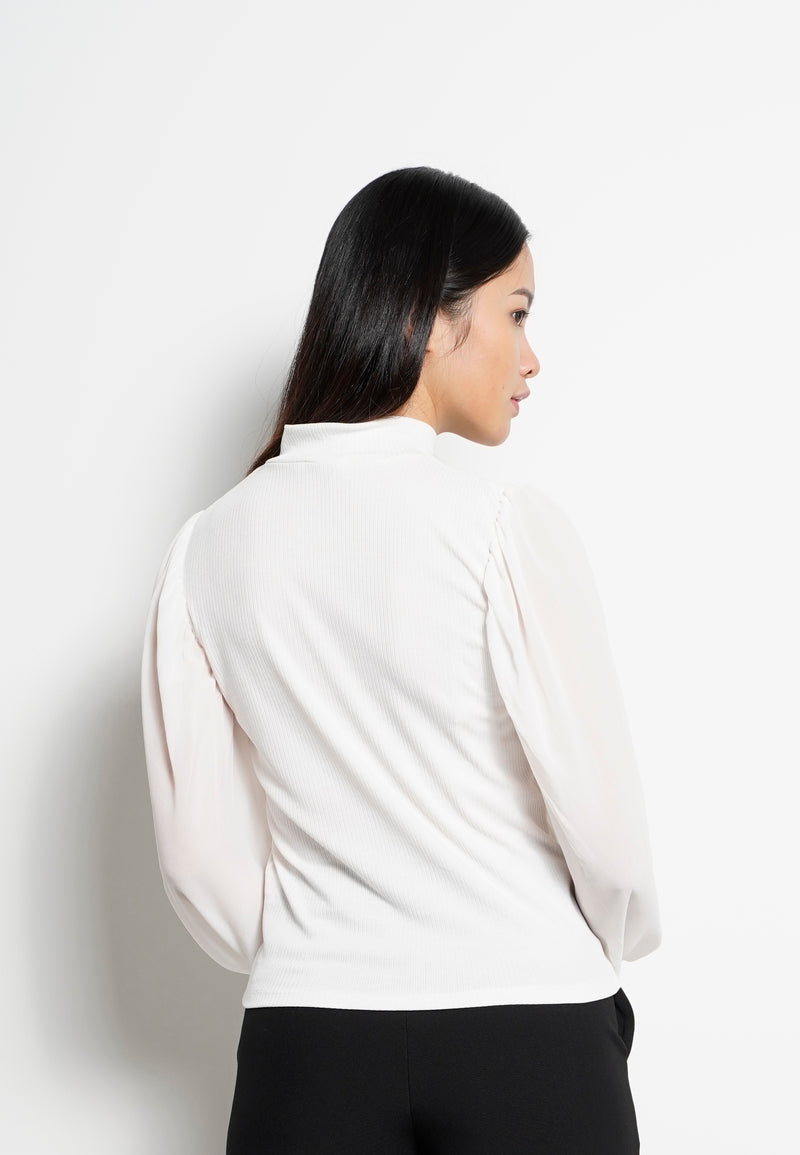 Women High Neck Long-Sleeve Blouse - White - H0W748