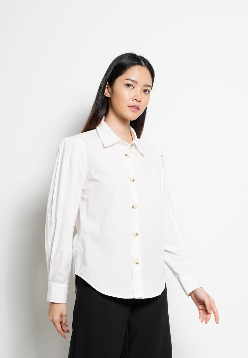 Women Pleated Long-Sleeve Shirt - White - H0W822