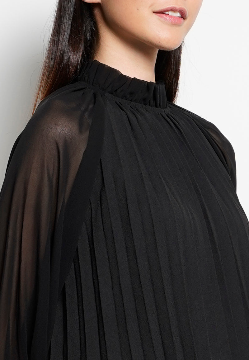 Women Long Sleeve Pleated Dress - Black - H0W753