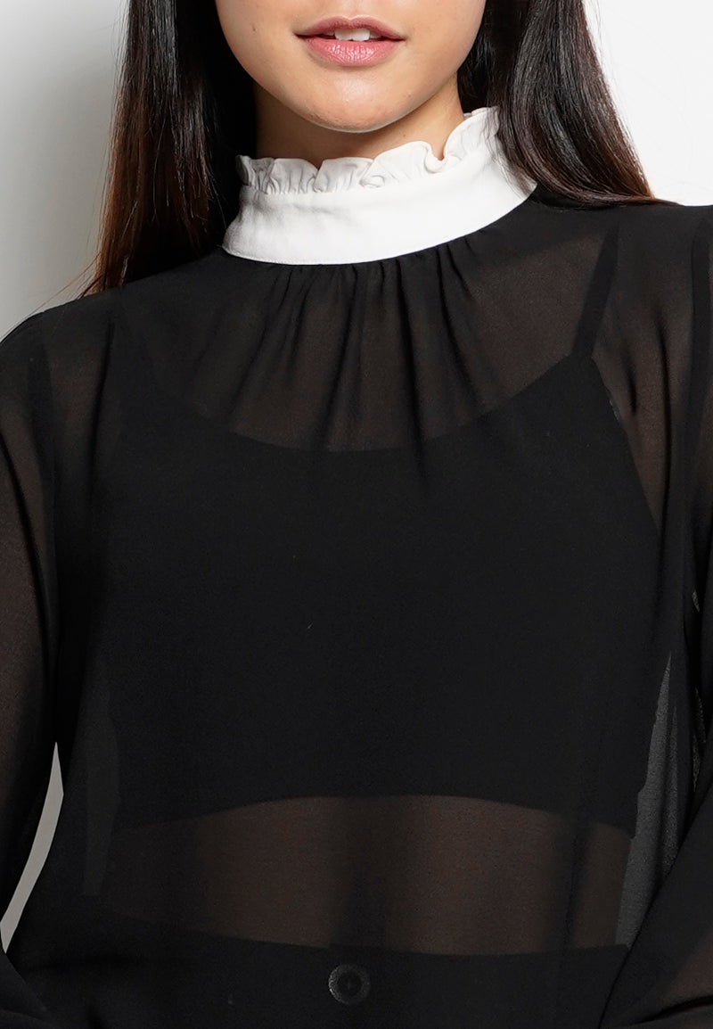 Women Frills Neck Long-Sleeve Blouse - Black - H0W751