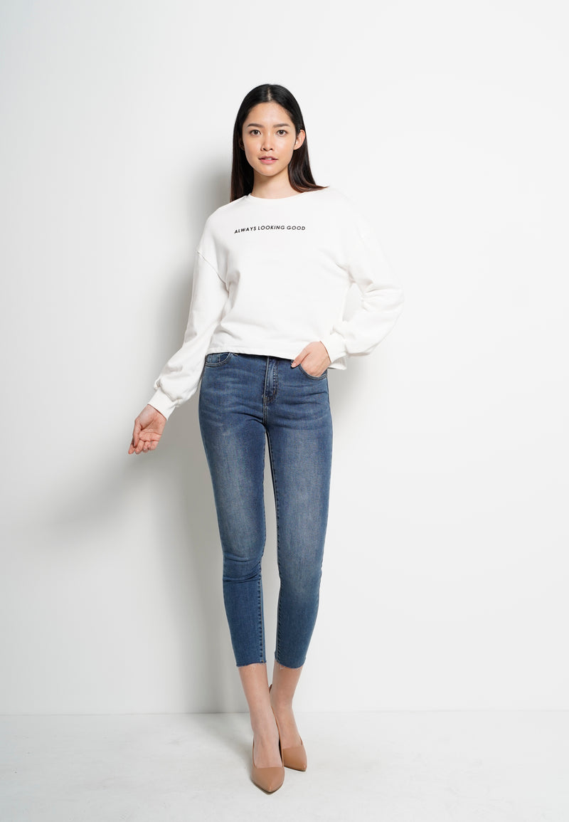 Women Round Neck Long-Sleeve Sweatshirt  - White - H0W830