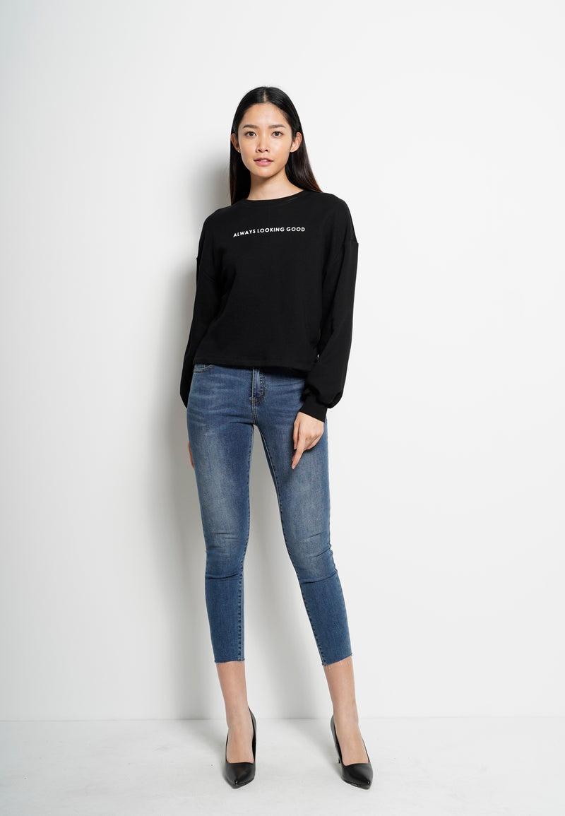 Women Round Neck Long-Sleeve Sweatshirt - Black - H0W831