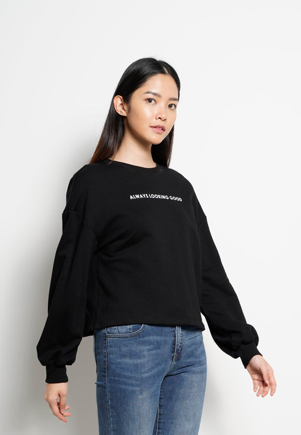 Women Round Neck Long-Sleeve Sweatshirt - Black - H0W831