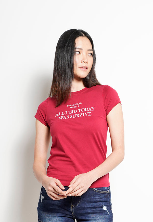 Women Short Sleeve Graphic Tee - RED -H0W906