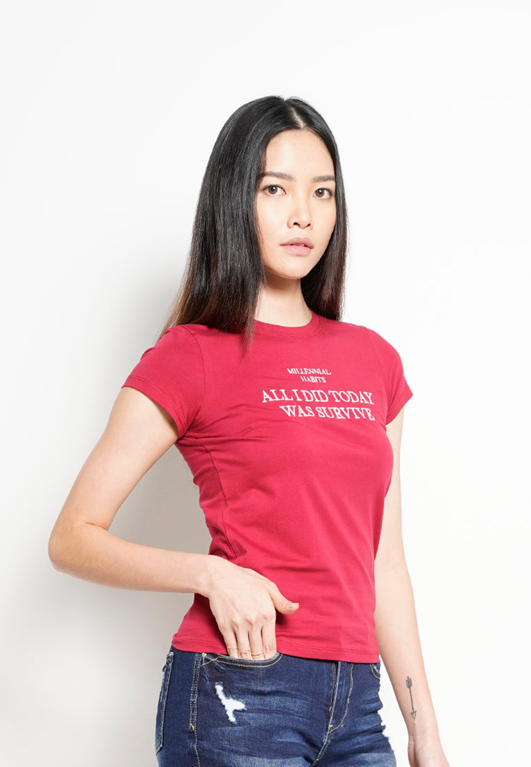 Women Short Sleeve Graphic Tee - RED -H0W906