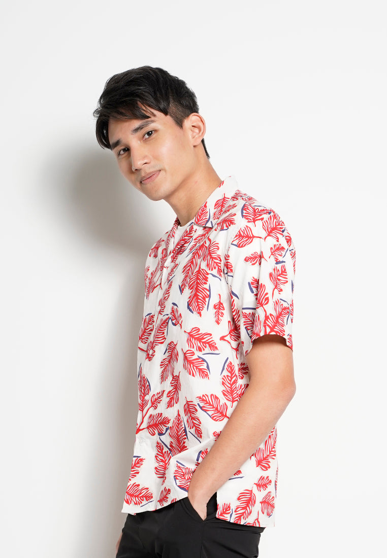 Men Short-Sleeve Camp Collar Printed Cotton-Voile Shirt - Red - H0M749