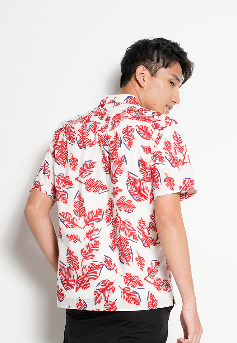 Men Short-Sleeve Camp Collar Printed Cotton-Voile Shirt - Red - H0M749