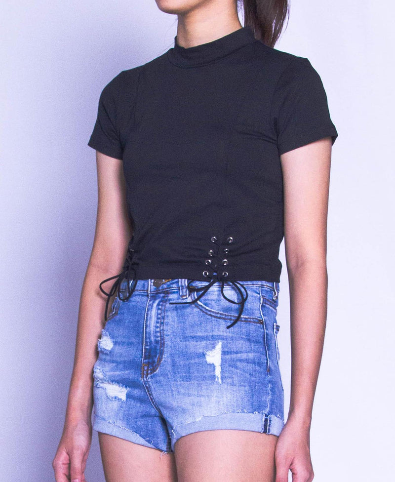 Women Short Sleeve Blouse - Black - H9W251