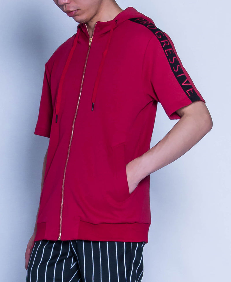 Men Cut & Sew Short-Sleeve Hoodie Top - Red - H9M366