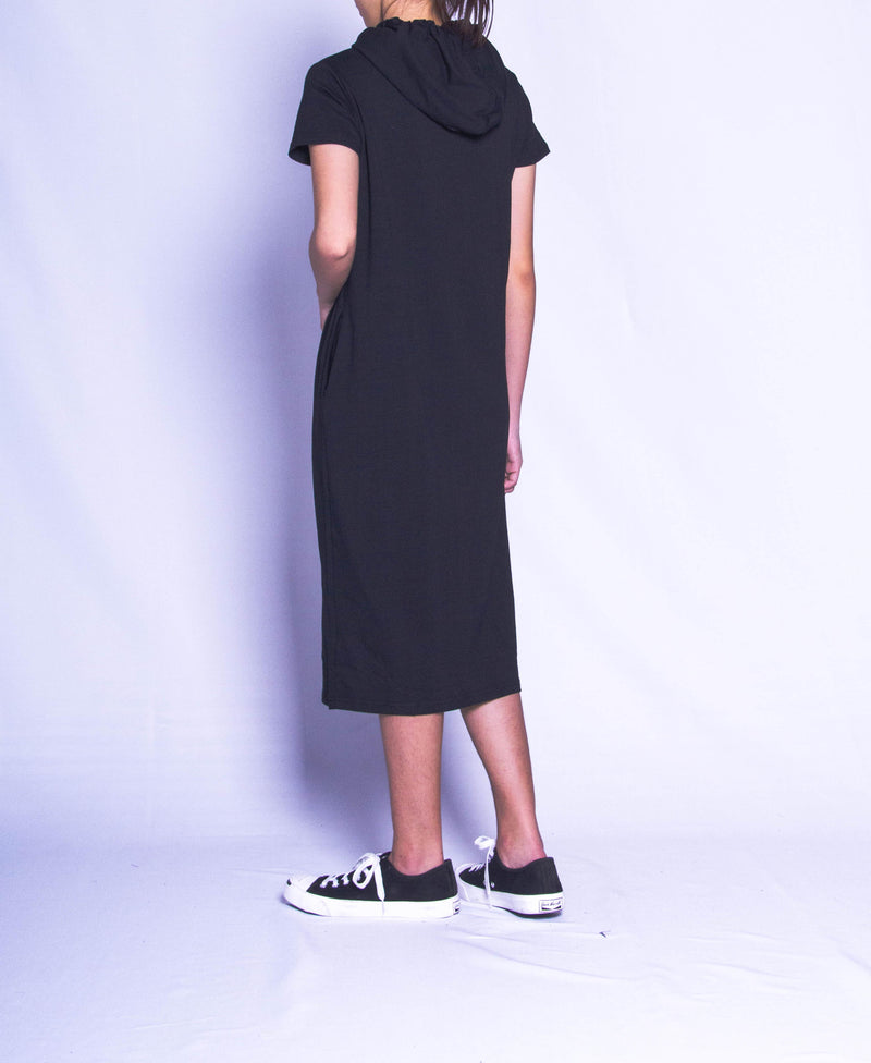 Women Short-Sleeve Sweatshirt Hoodie Dress - Black - H9W289