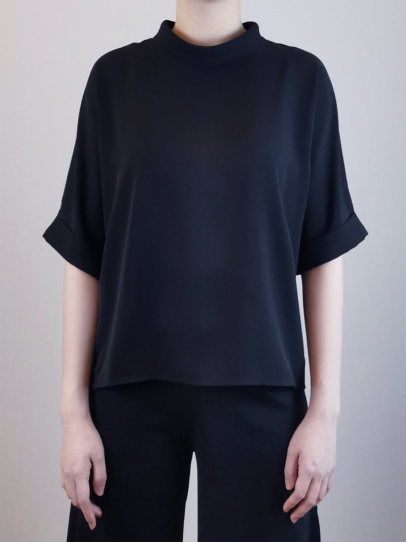 Women Rolled Collared Blouse - Black - M0W447
