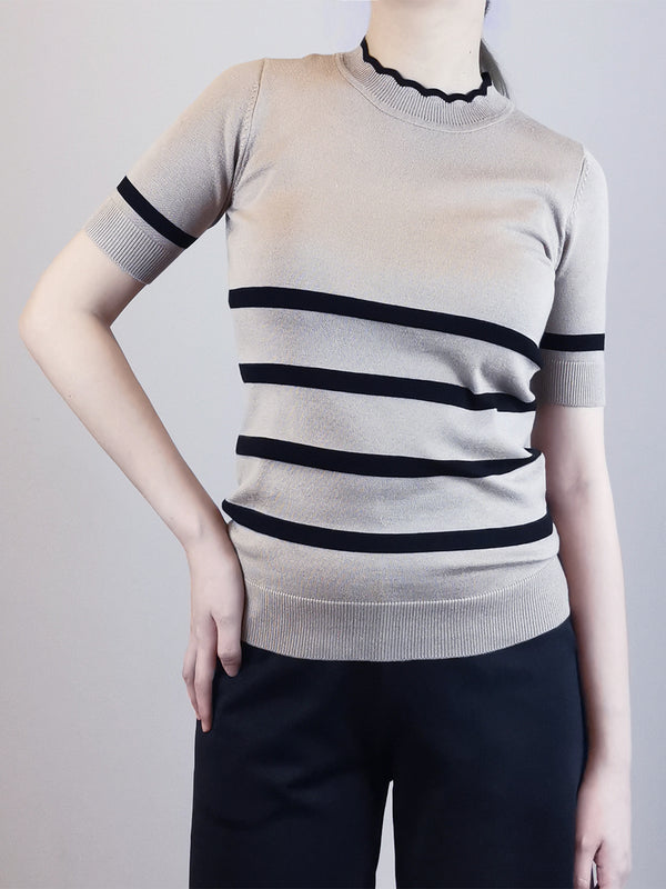 Women Stripe Pattern Knit Top - Khaki - M0W654