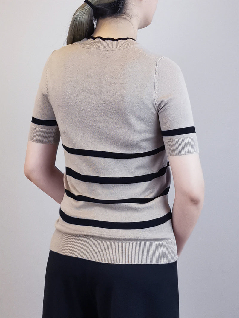 Women Stripe Pattern Knit Top - Khaki - M0W654