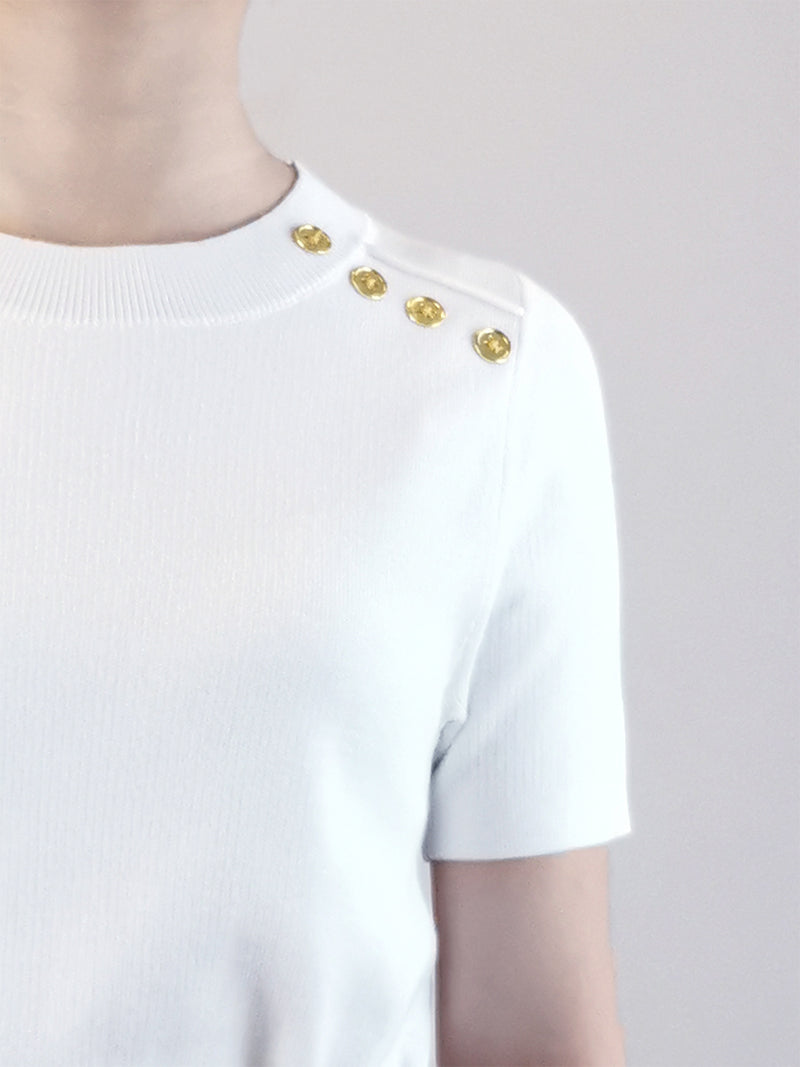 Women Gold Button Knit Top - White - M0W664