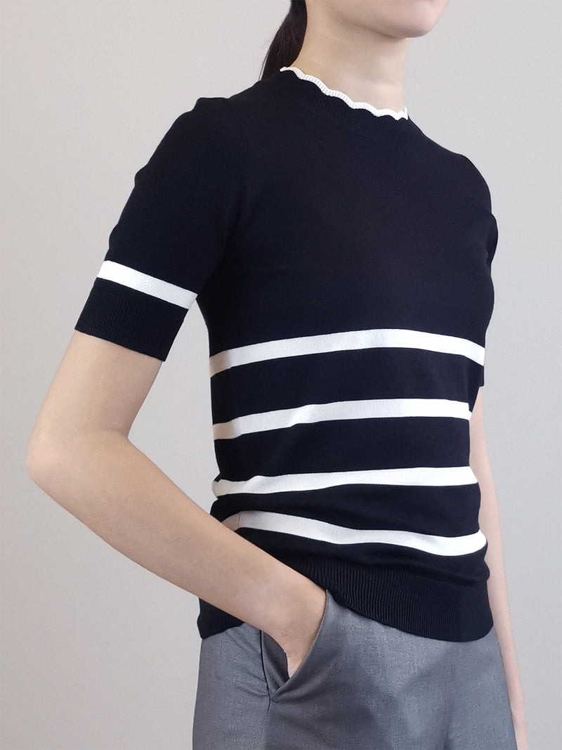 Women Stripe Pattern Knit Top - Black - M0W652