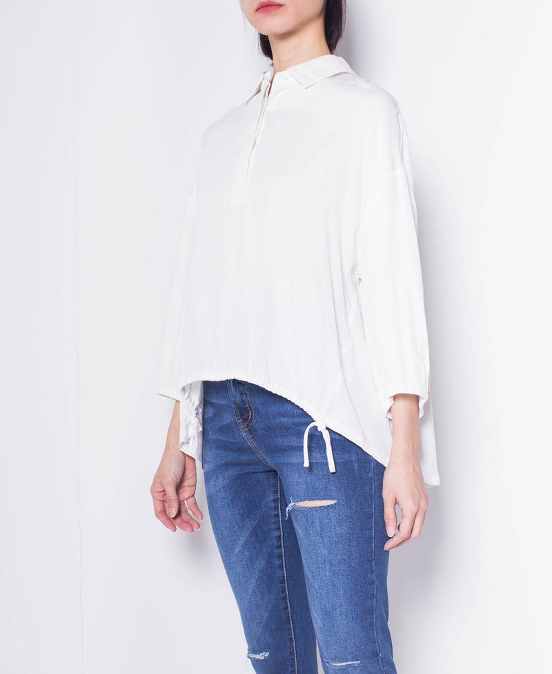 Women Shirt Blouse With Uneven Hemline - White - F9W147