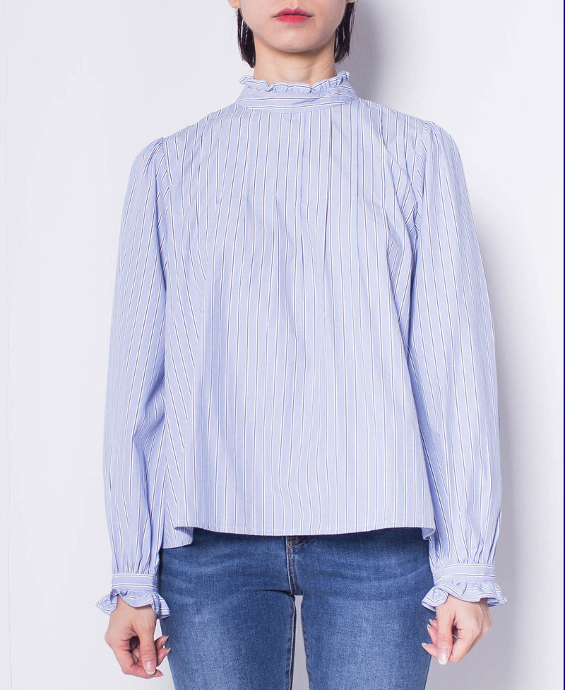 Women Striped Frill Neck Long-Sleeve Blouse - Blue - H0W745
