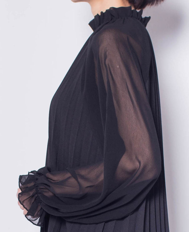Women Long Sleeve Pleated Dress - Black - H0W753