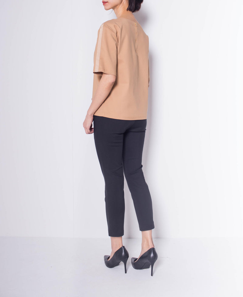Women Grosgrain Short-Sleeve Blouse - Khaki - H0W760