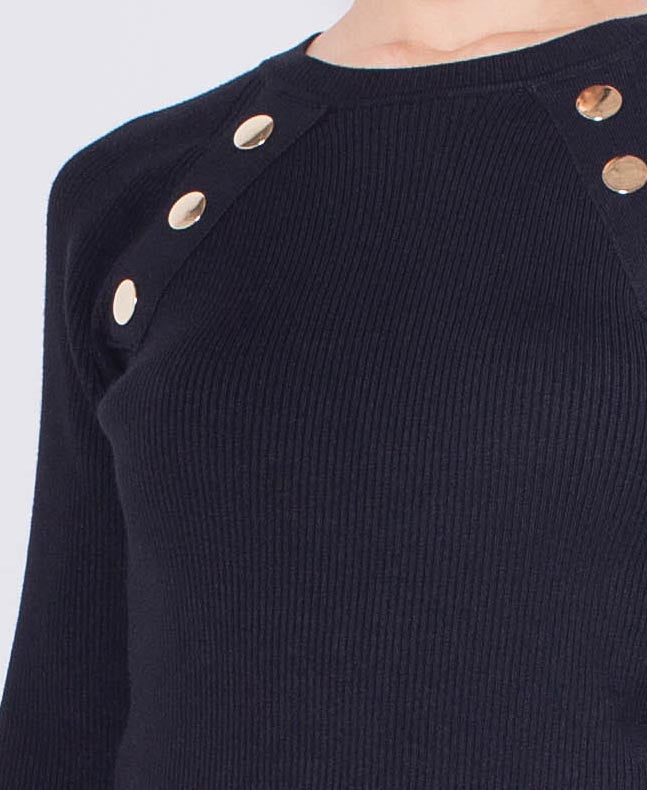 Women Golden Buttons Long-Sleeve Knit Top - Black - H0W764