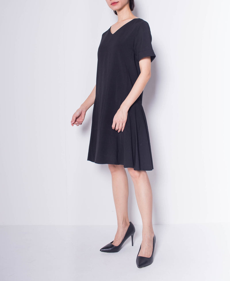 Women Short Sleeve Flare Dress - Black - H0W803