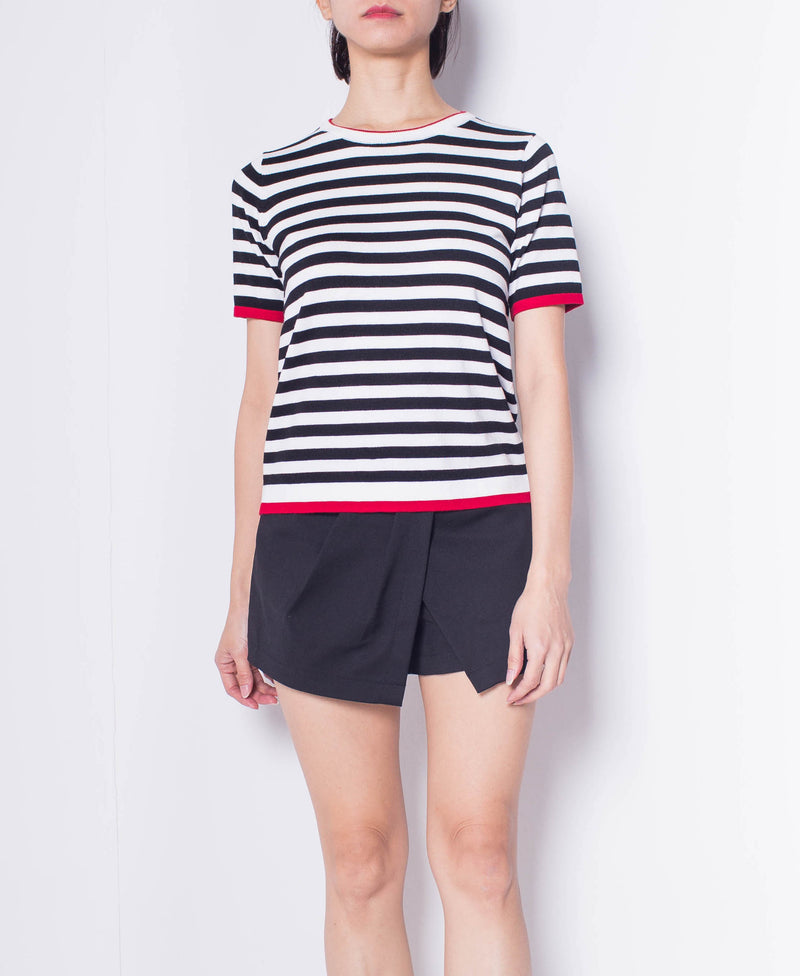 Women Striped Short Sleeve Knit Top - Black - H0W928