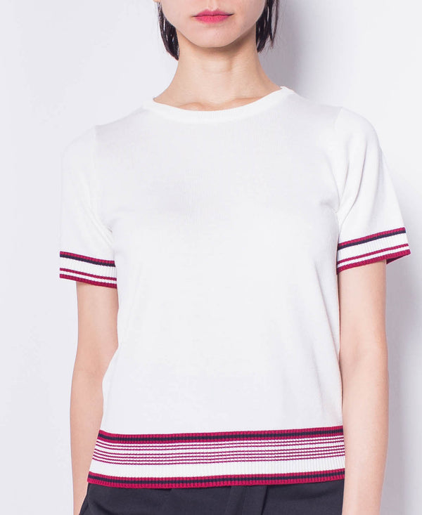 Women Striped Short Sleeve Knit Top - White - H0W929