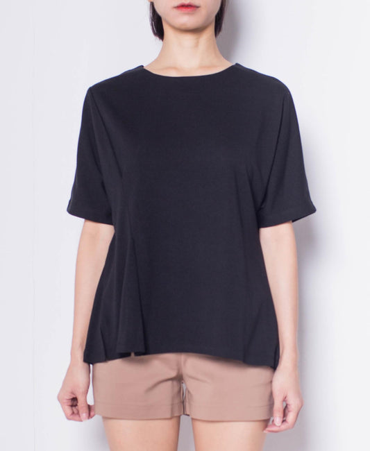 Women Round Neck Short-Sleeve Blouse - Black - H0W941