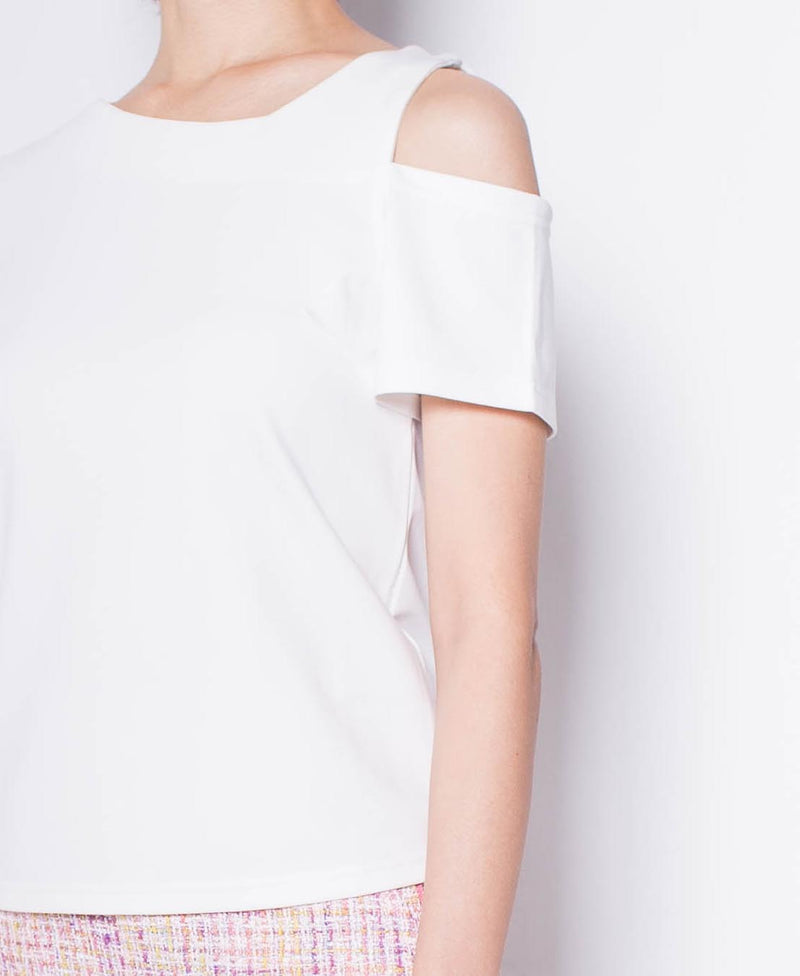 Women Asymmetrical Neck Cut Out Shoulder Top - White - H0W944