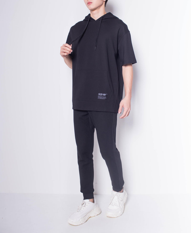 Men Oversized Short-Sleeve Sweatshirt Hoodie - Black - H0M680
