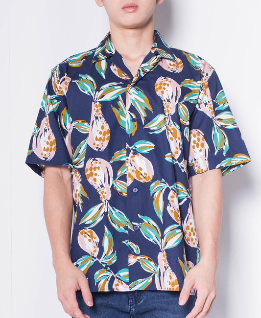 Men Short-Sleeve Camp Collar Printed Cotton-Voile Shirt - Navy - H0M750