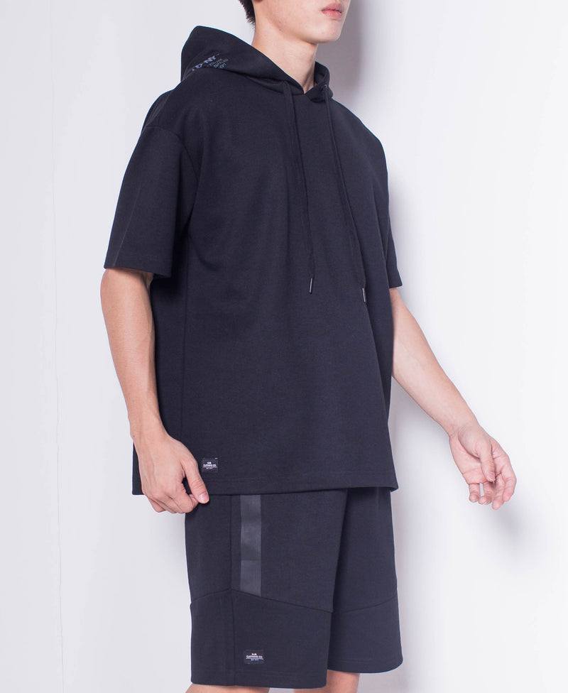 Men Short Sleeve Oversized Sweatshirt Hoodie With Reflective Prints - Black - H0M646