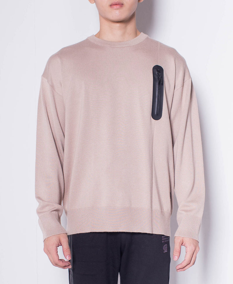 Men Round Neck Long-Sleeve Sweater With Zipper Pocket - Khaki - H0M656