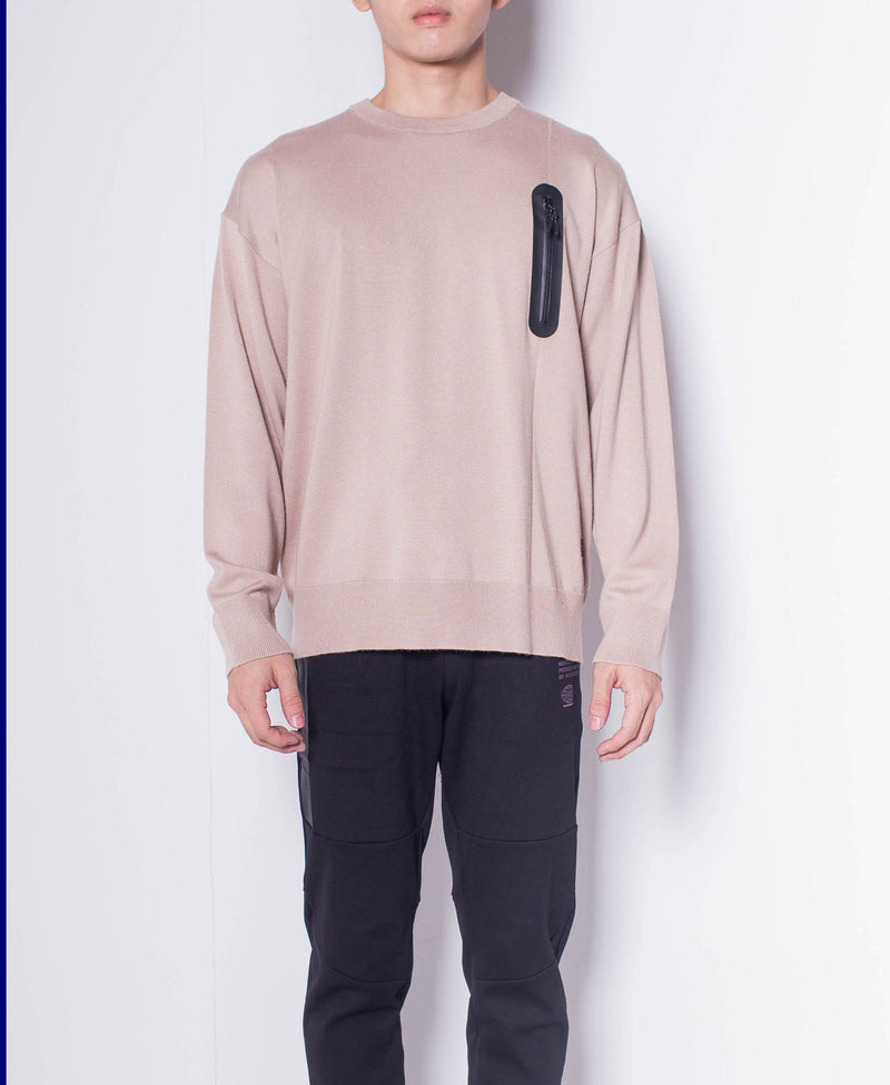 Men Round Neck Long-Sleeve Sweater With Zipper Pocket - Khaki - H0M656