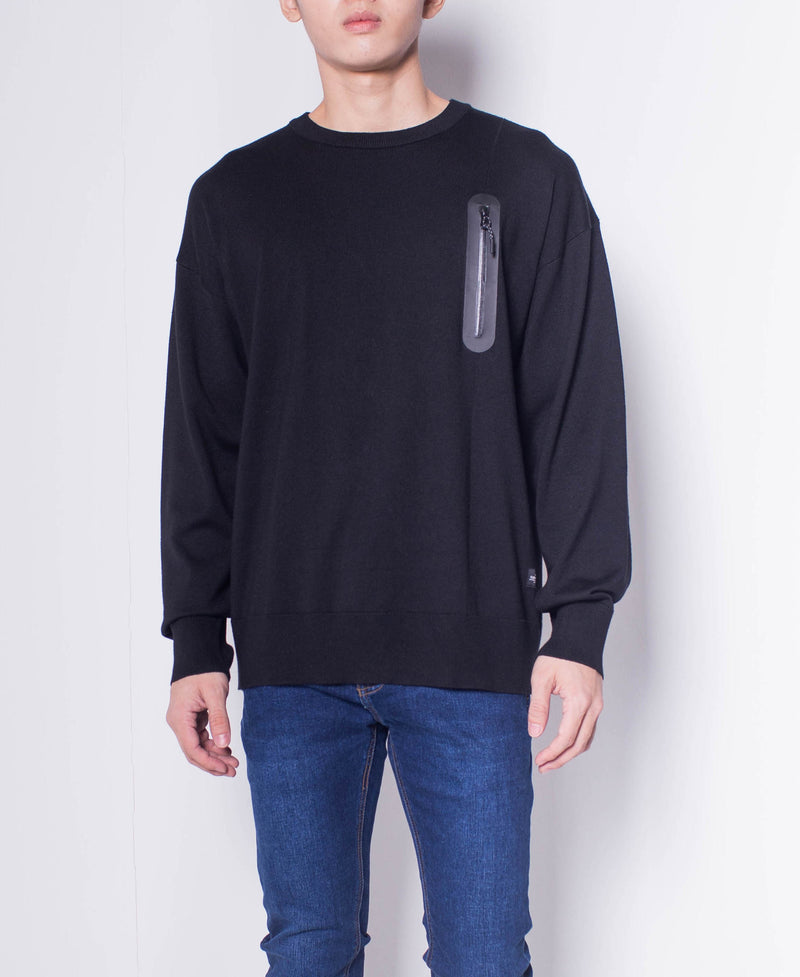 Men Round Neck Long-Sleeve Sweater With Zipper Pocket - Black - H0M657