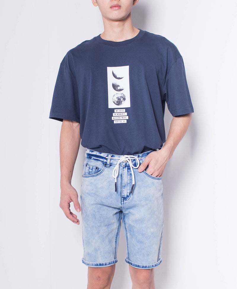 Men Drawstring Short Jeans - Blue - H0M699