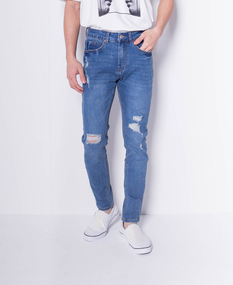 Men Skinny Ripped Long Jeans - Blue - H0M706