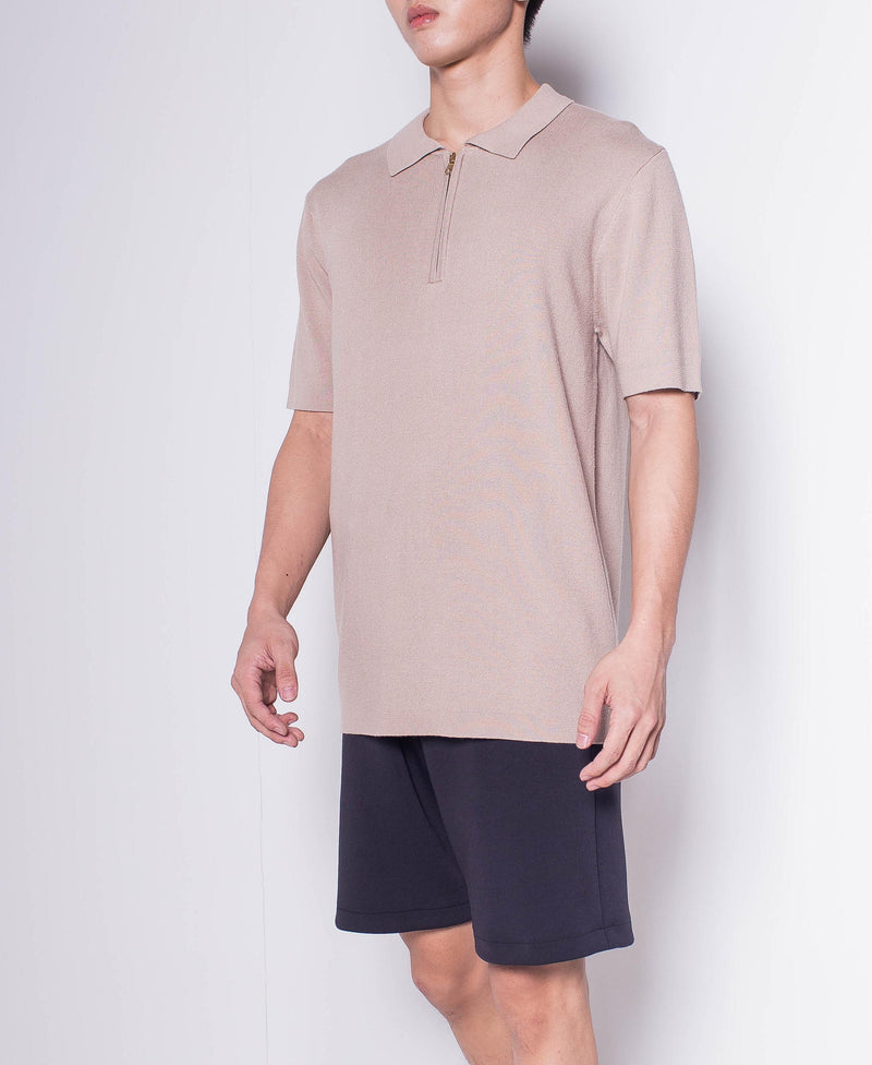 Men Short-Sleeve Knit Zip Polo Shirt  - Khaki - H0M635