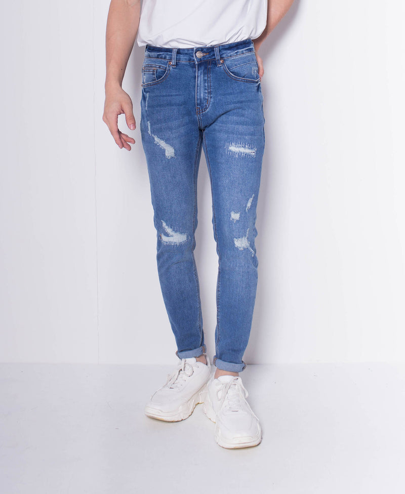 Men Skinny Ripped Long Jeans - BLUE - H0M704