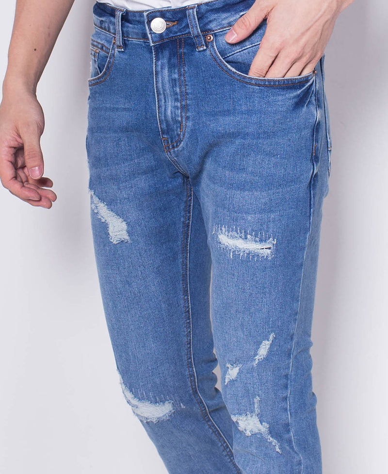Men Skinny Ripped Long Jeans - BLUE - H0M704